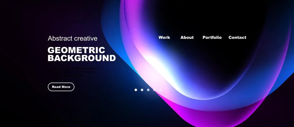 Dark background features vibrant fluid shapes, text elements, navigation op.. Stock Illustration