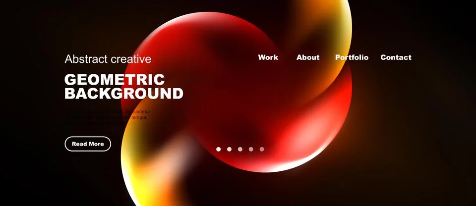 Dark background features vibrant fluid shapes, text elements, navigation op.. Stock Illustration