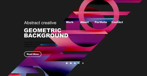 Dark background features vibrant geometric shapes, text elements, navigation Stockillustratie
