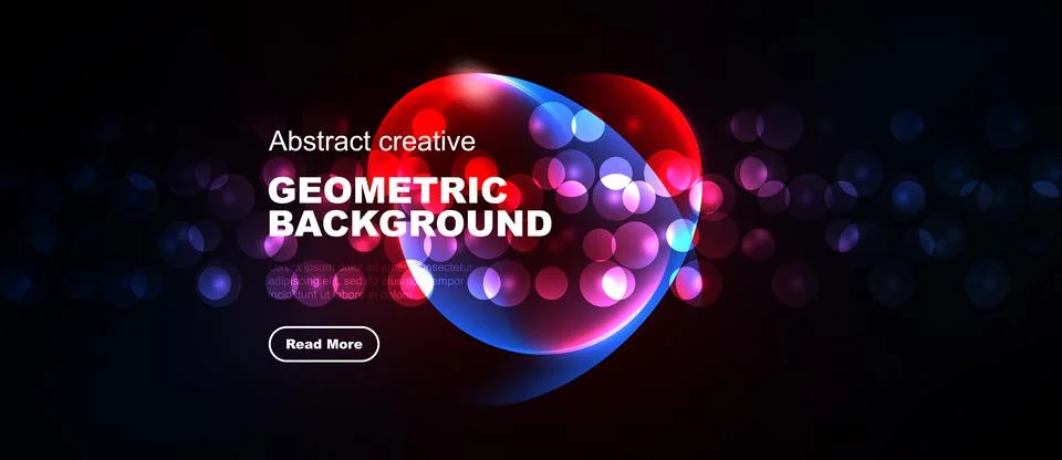 Dark background features vibrant geometric shapes, circles, text, button. M.. Stock Illustration