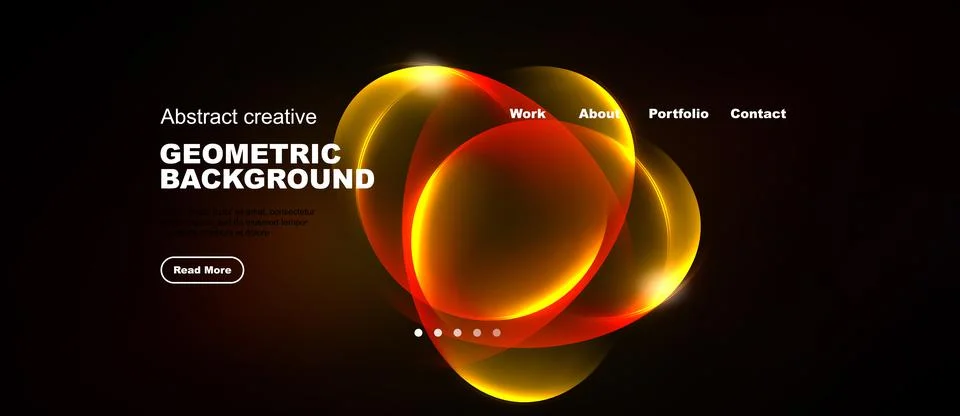 Dark background features vibrant geometric shapes, text elements, navigation Stock-Illustration