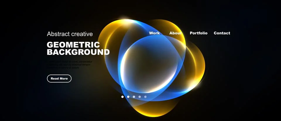 Dark background features vibrant geometric shapes. Yellow, blue layers create Stock Illustration
