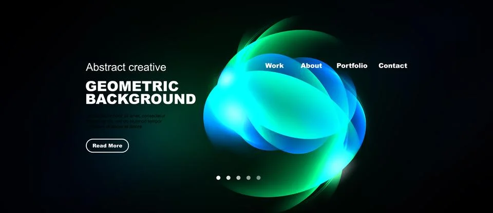 Dark background features vibrant geometric shapes, text elements, navigation 스톡 일러스트