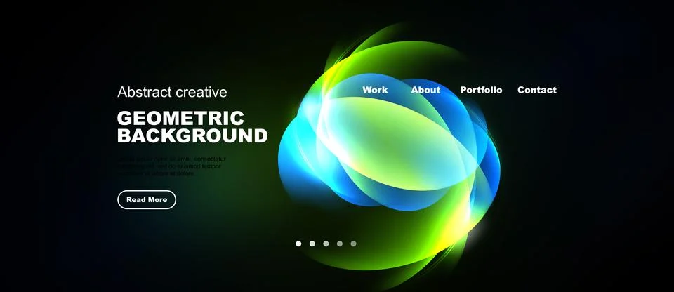 Dark background features vibrant geometric shapes, text elements, navigation 스톡 일러스트