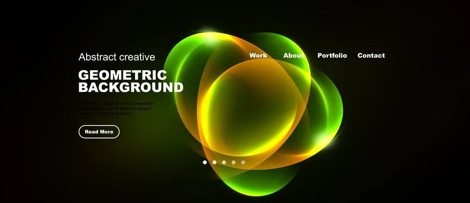 Dark background features vibrant geometric shapes, text elements, navigation Stock Illustration