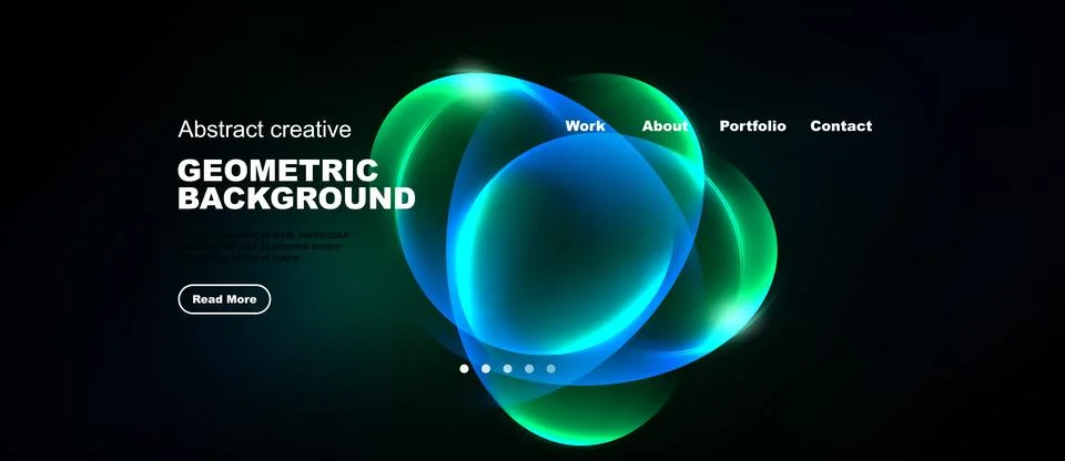 Dark background features vibrant geometric shapes, text elements, navigation Stock Illustration