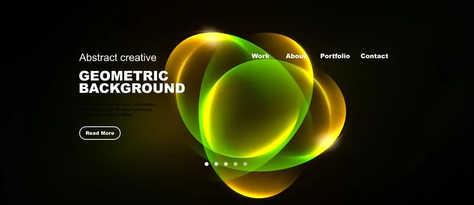 Dark background features vibrant geometric shapes, text elements, navigation Illustrazione stock