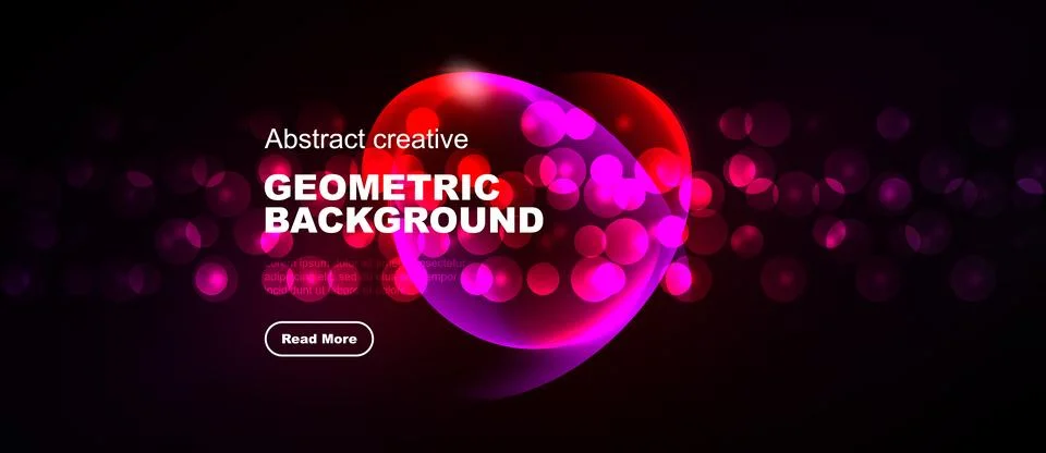 Dark background features vibrant geometric shapes, red circles, bokeh effects Stock Illustration