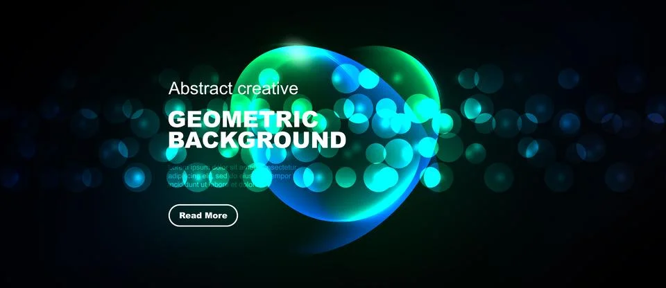 Dark background features vibrant geometric shapes, glowing orbs, text element Illustrazione stock