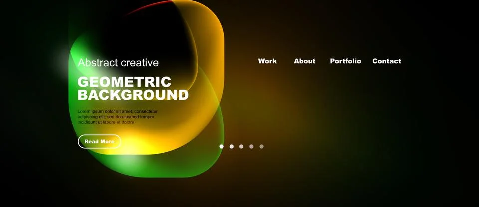 Dark background features vibrant geometric shapes, text elements, navigation Stock Illustration