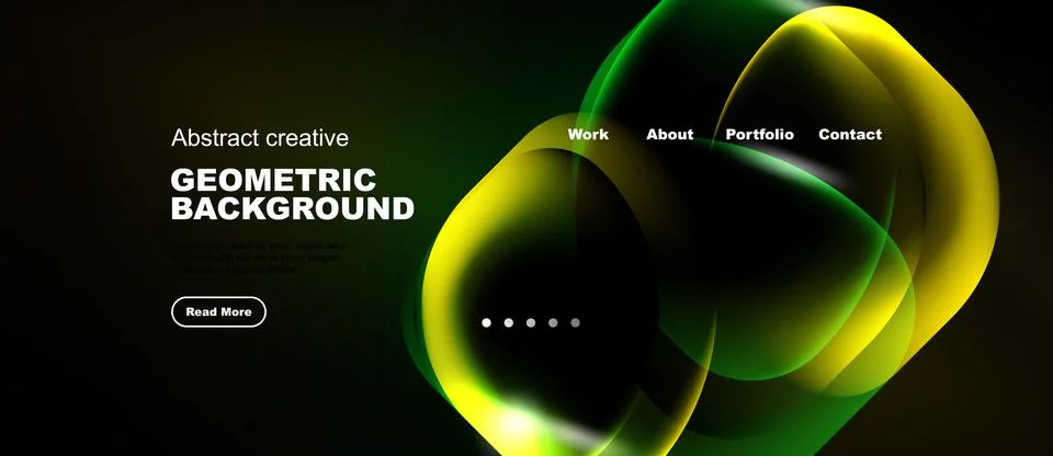 Dark background features vibrant geometric shapes, text elements, navigation Stock Illustration
