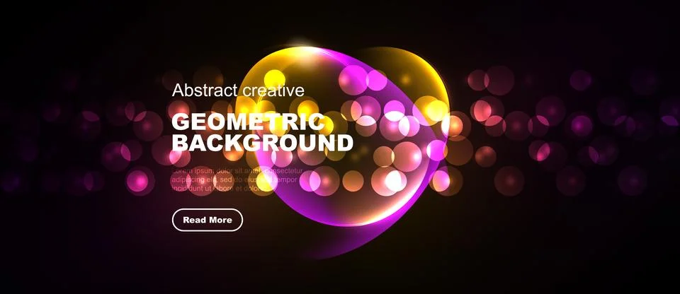 Dark background features vibrant geometric shapes, glowing orbs, text element 스톡 일러스트