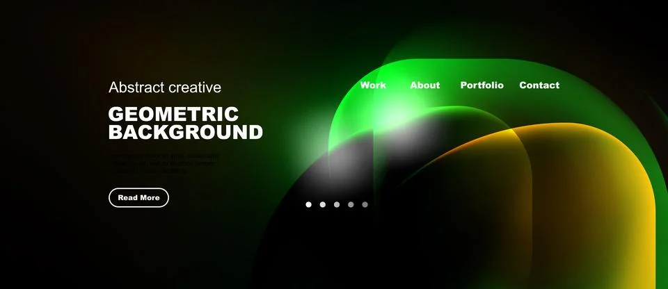 Dark background features vibrant geometric shapes, text elements, navigation Stock Illustration