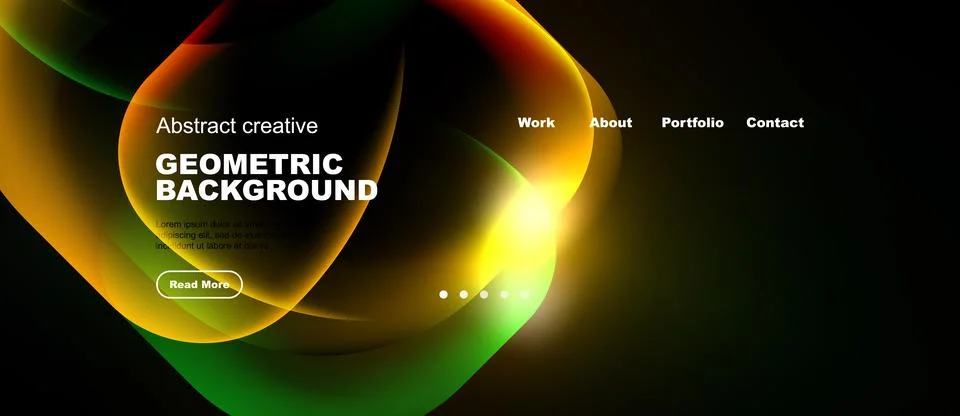 Dark background features vibrant geometric shapes, text elements, navigation Stock Illustration