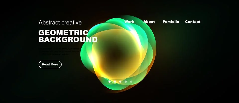 Dark background features vibrant geometric shapes, text elements, navigation 스톡 일러스트