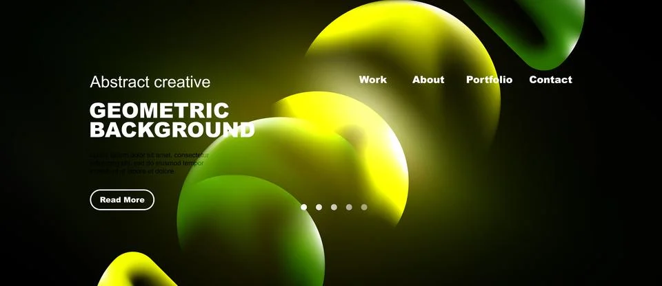 Dark background features vibrant geometric shapes, text elements, navigation Stock Illustration