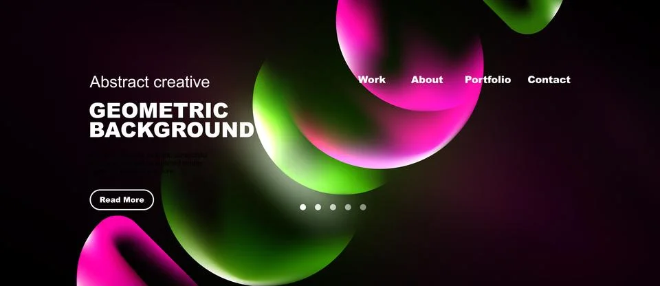 Dark background features vibrant geometric shapes, text elements, navigation Stock Illustration