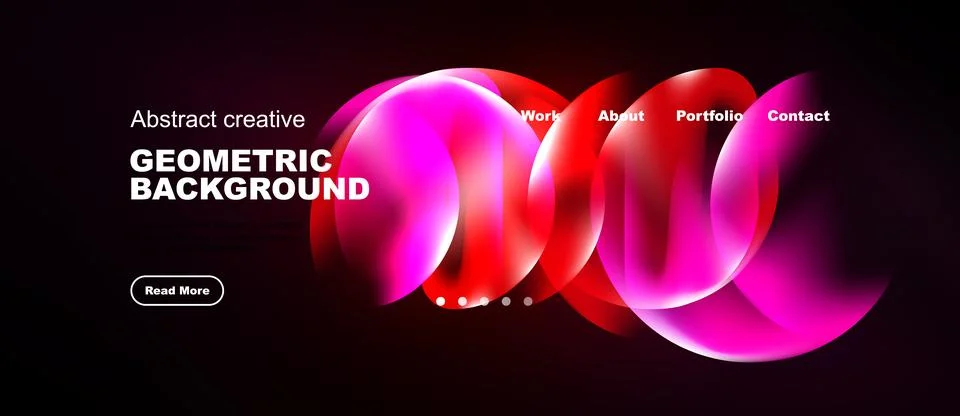 Dark background features vibrant geometric shapes, text elements, navigation Stock Illustration
