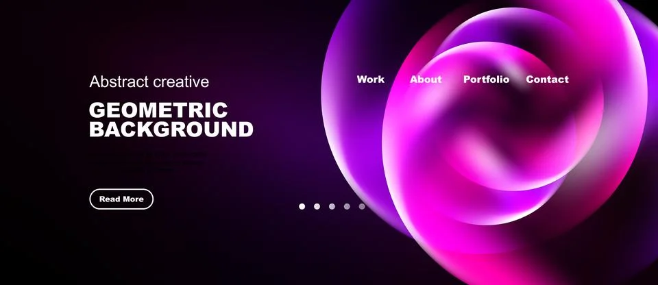 Dark background features vibrant geometric shapes, text elements, navigation Illustrazione stock