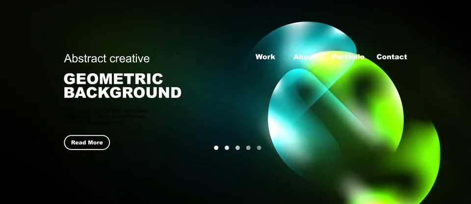 Dark background features vibrant geometric shapes, text elements, navigation Illustrazione stock