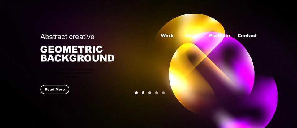 Dark background features vibrant geometric shapes, text elements, navigation 스톡 일러스트