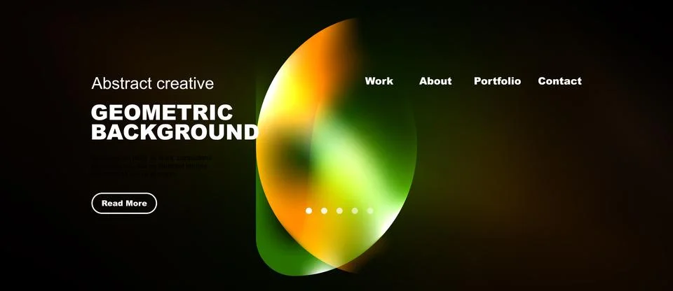 Dark background features vibrant geometric shapes, text elements, navigation Stock Illustration