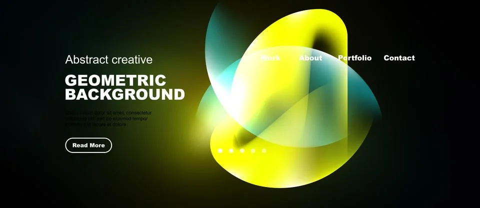 Dark background features vibrant geometric shapes, text elements, navigation Stock Illustration