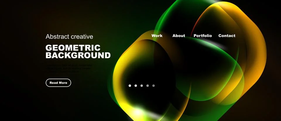 Dark background features vibrant geometric shapes, text elements, navigation Stock Illustration