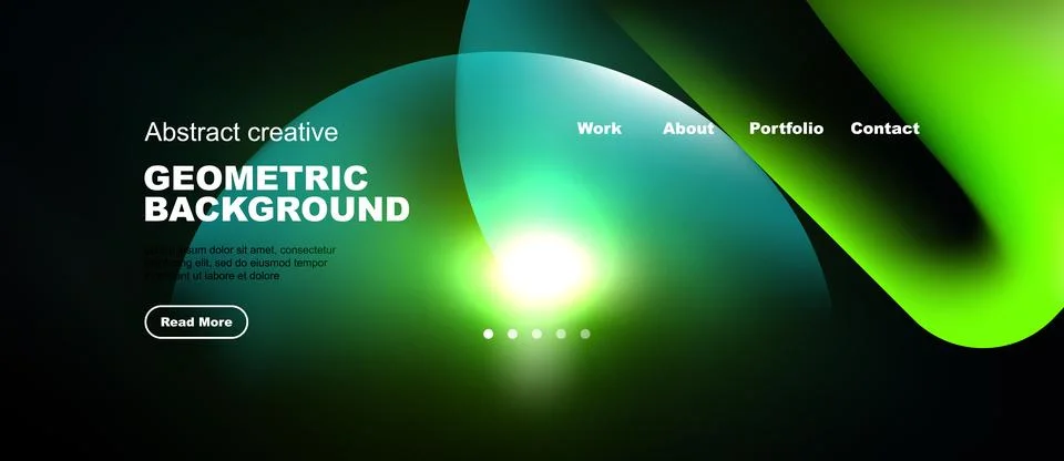 Dark background features vibrant geometric shapes, text elements, navigation Stock Illustration