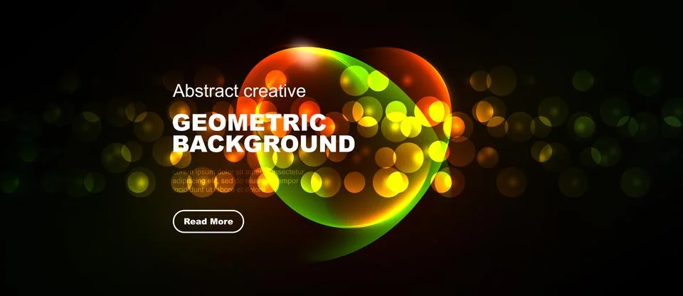 Dark background features vibrant geometric shapes, glowing particles, text Illustrazione stock