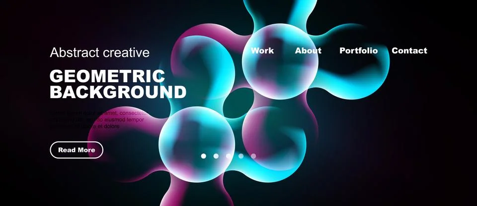 Dark background features vibrant geometric shapes, text elements, navigation Stock Illustration