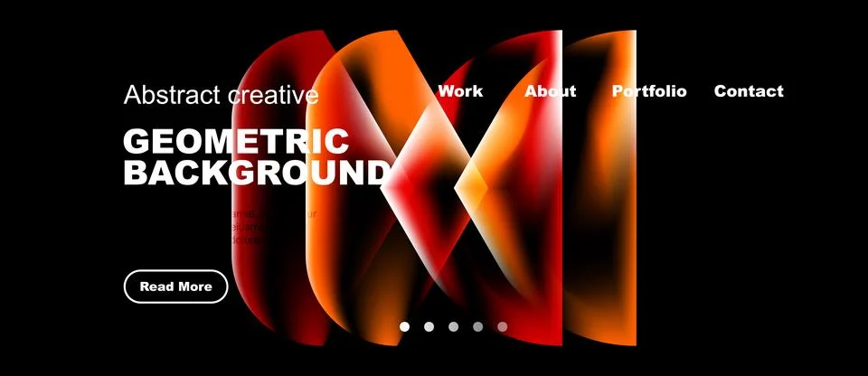 Dark background features vibrant geometric shapes, text overlays, navigation Stockillustratie