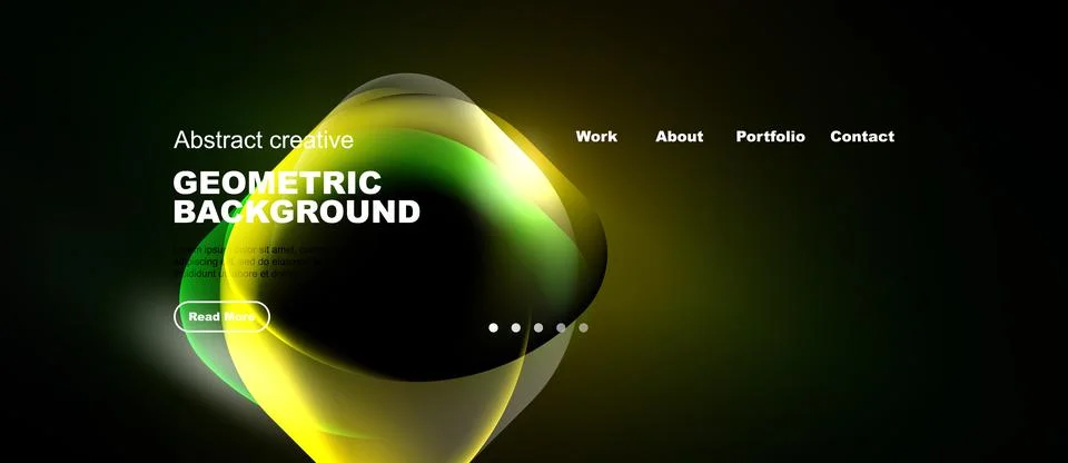Dark background features vibrant geometric shapes, text elements, navigation Stock Illustration
