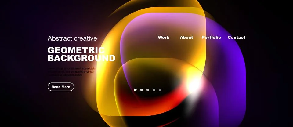Dark background features vibrant geometric shapes, text elements, navigation Stock Illustration