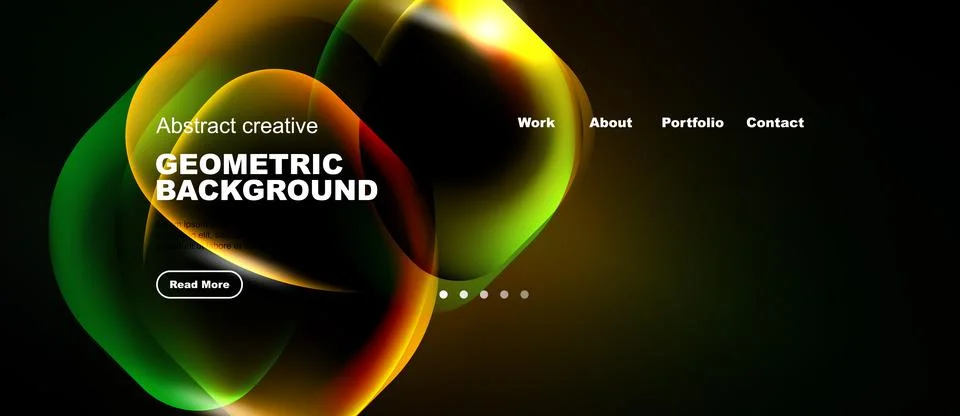 Dark background features vibrant geometric shapes, text elements, navigation Stock Illustration