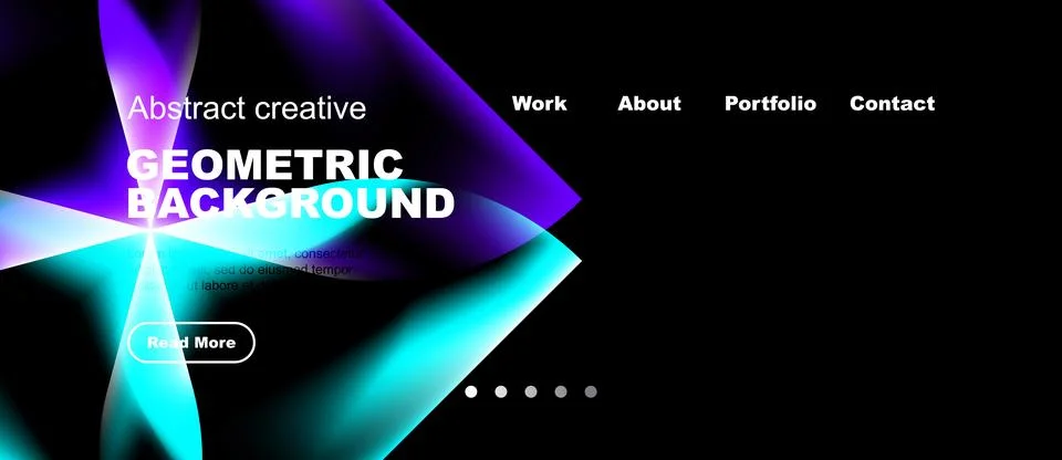 Dark background features vibrant geometric shapes, text, navigation menu, b.. Stock Illustration