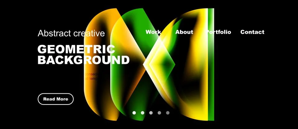 Dark background features vibrant geometric shapes, text overlays, navigation Stockillustratie