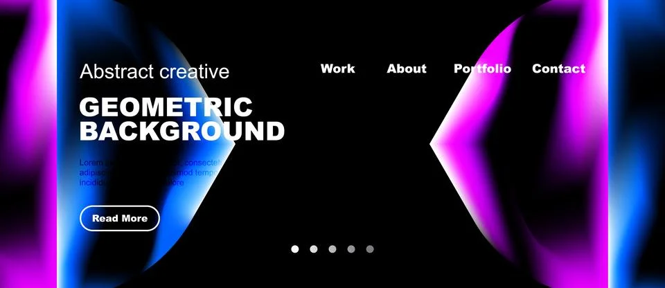 Dark background features vibrant geometric shapes, text, navigation menu. M.. Stock Illustration