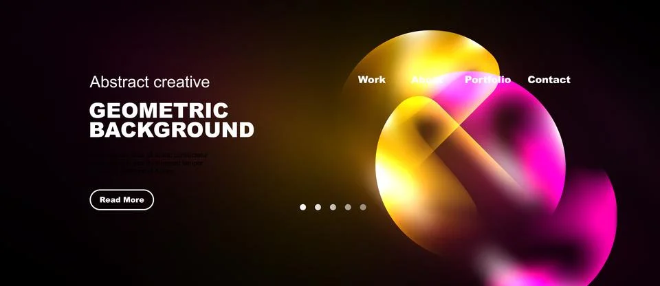 Dark background features vibrant geometric shapes, text elements, navigation Stock Illustration