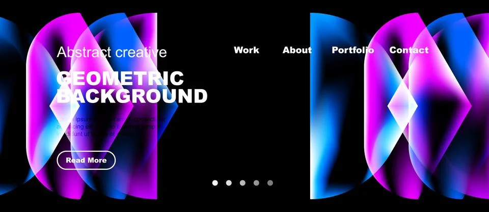 Dark background features vibrant geometric shapes, text elements, navigation Stock Illustration
