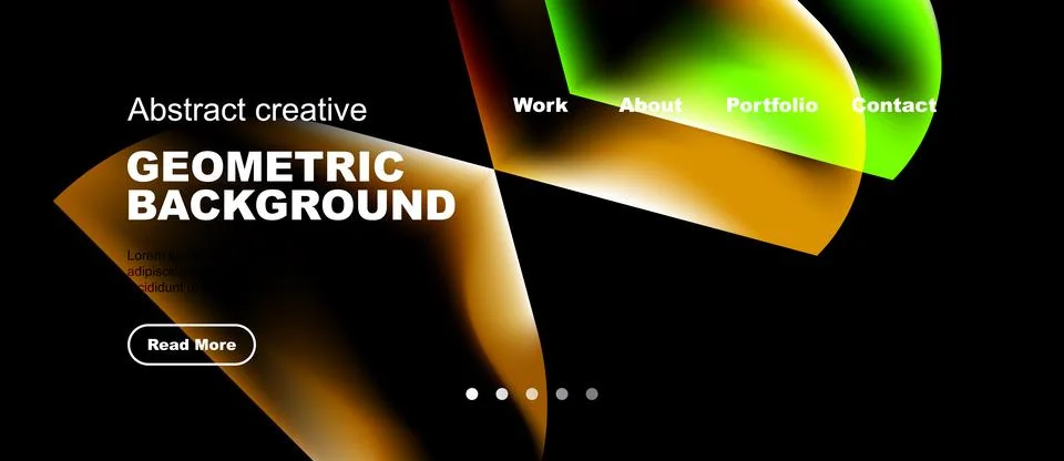 Dark background features vibrant geometric shapes, text elements, navigation Stock Illustration