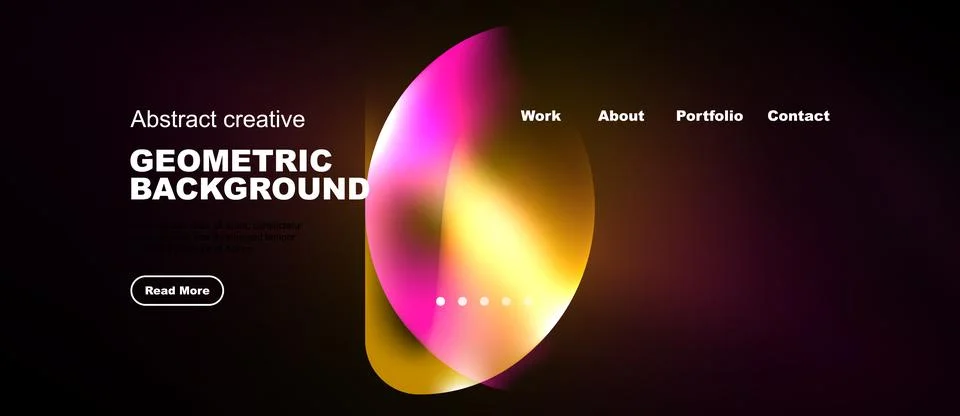 Dark background features vibrant geometric shapes, text elements, navigation Stock Illustration
