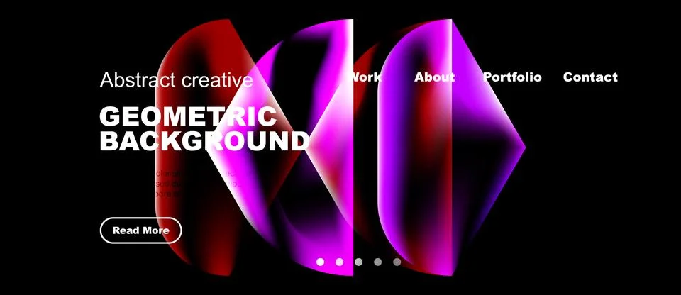 Dark background features vibrant geometric shapes, text overlays, navigation Stockillustratie