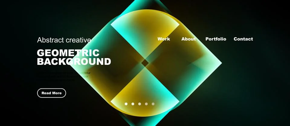 Dark background features vibrant geometric shapes, text overlays, navigation Stock Illustration