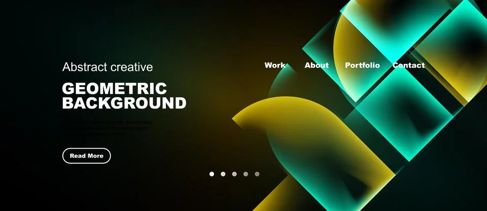 Dark background features vibrant geometric shapes, text elements, navigation Ilustración de archivo