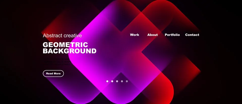 Dark background features vibrant geometric shapes, text elements, navigation Illustration