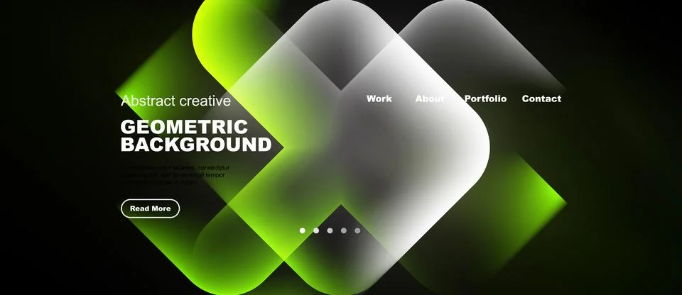Dark background features vibrant geometric shapes, text elements, navigation Stock-Illustration