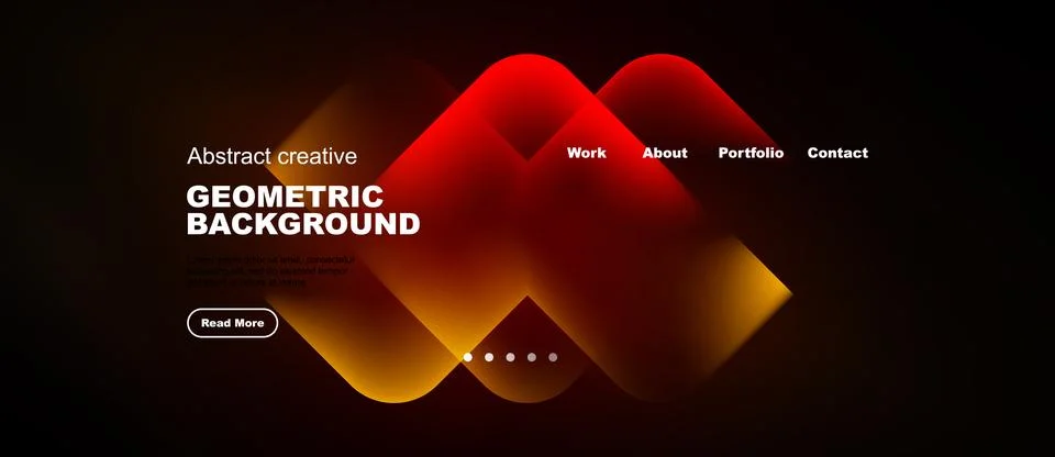 Dark background features vibrant geometric shapes, text, navigation elements. Stock Illustration