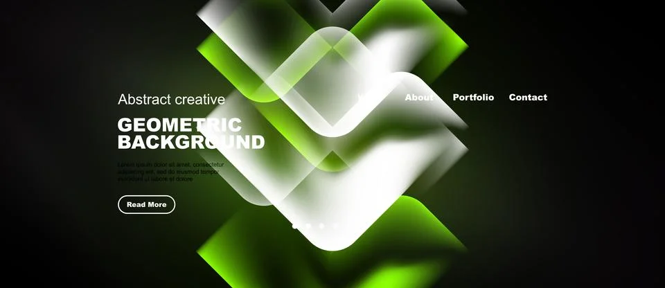 Dark background features vibrant geometric shapes, text elements, navigation 库存插图