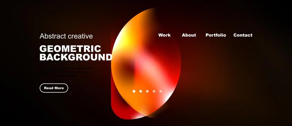 Dark background features vibrant geometric shapes, text elements, navigation Stockillustratie